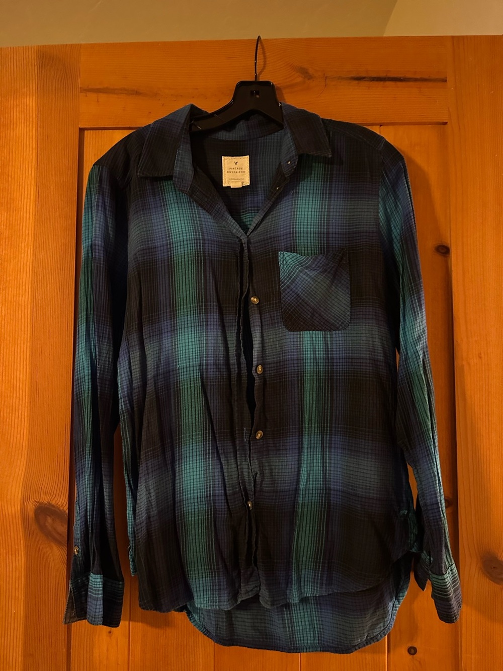 Women American Eagle Outfitters Plaid Button-Down lightly worn washed not dried